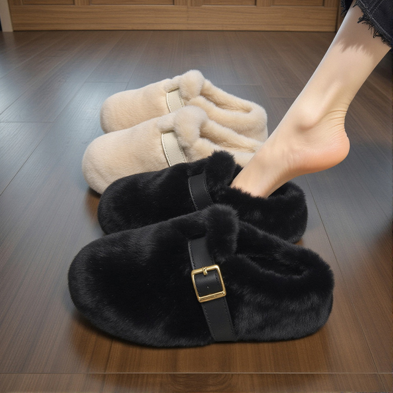 水貂绒包头毛毛拖鞋女外穿2025新款冬季厚底皮带扣软底加绒棉拖鞋