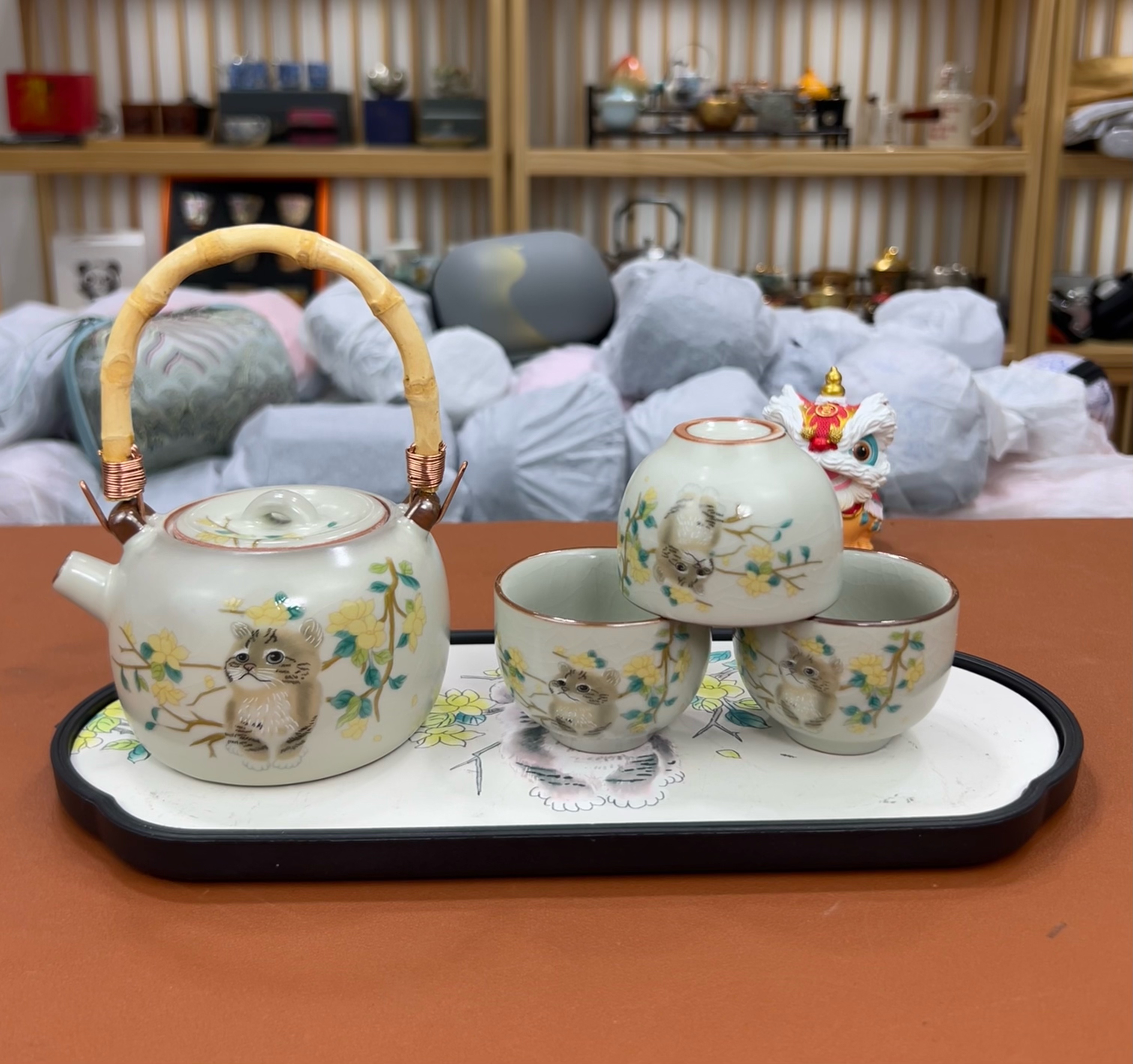 汝窑小猫提梁壶一壶三杯+茶盘@@ZH2484