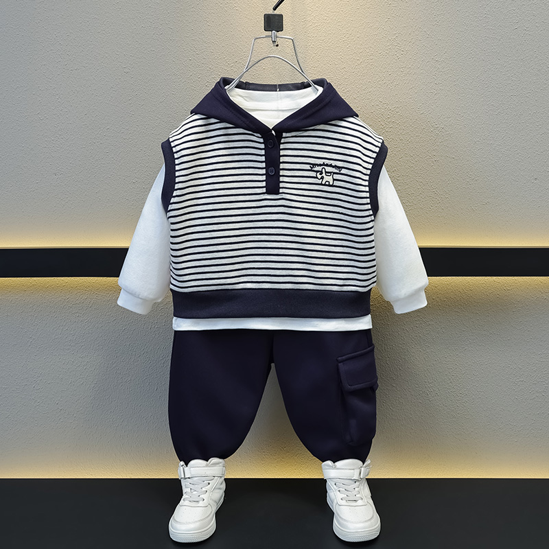 男童条纹连帽套装2025春秋新款儿童韩版宽松休闲运动服男孩三件套