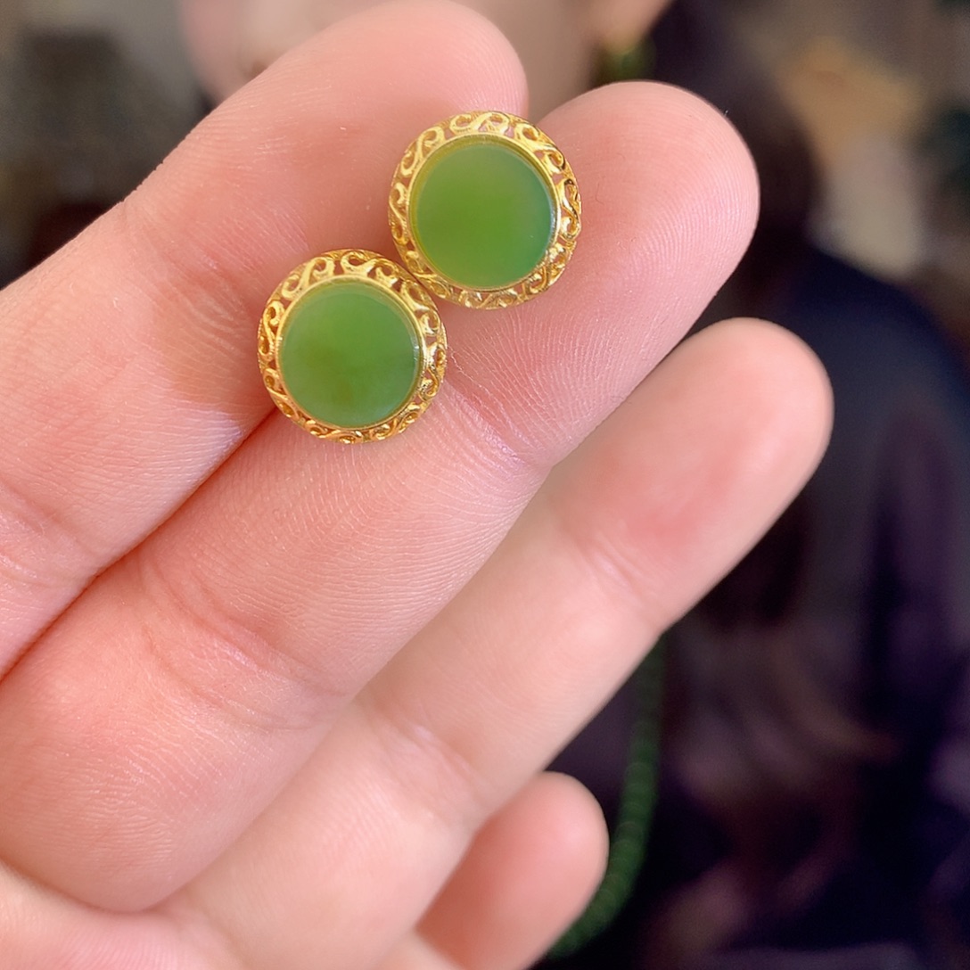 吊坠(不含链)银S925镶嵌和田玉（碧玉）耳饰