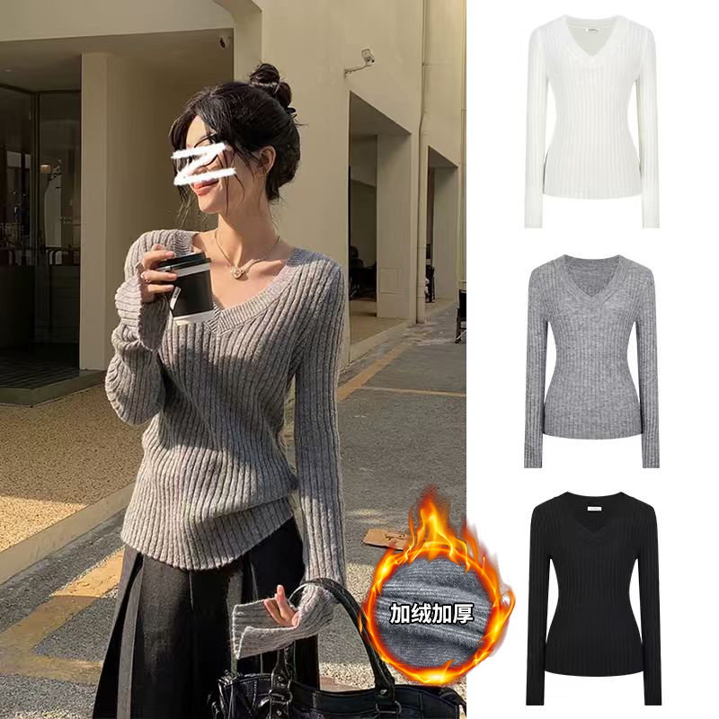 【运补6-8】魔西女王 纸片人慵懒感坑条针织衫女V领显瘦长袖上衣