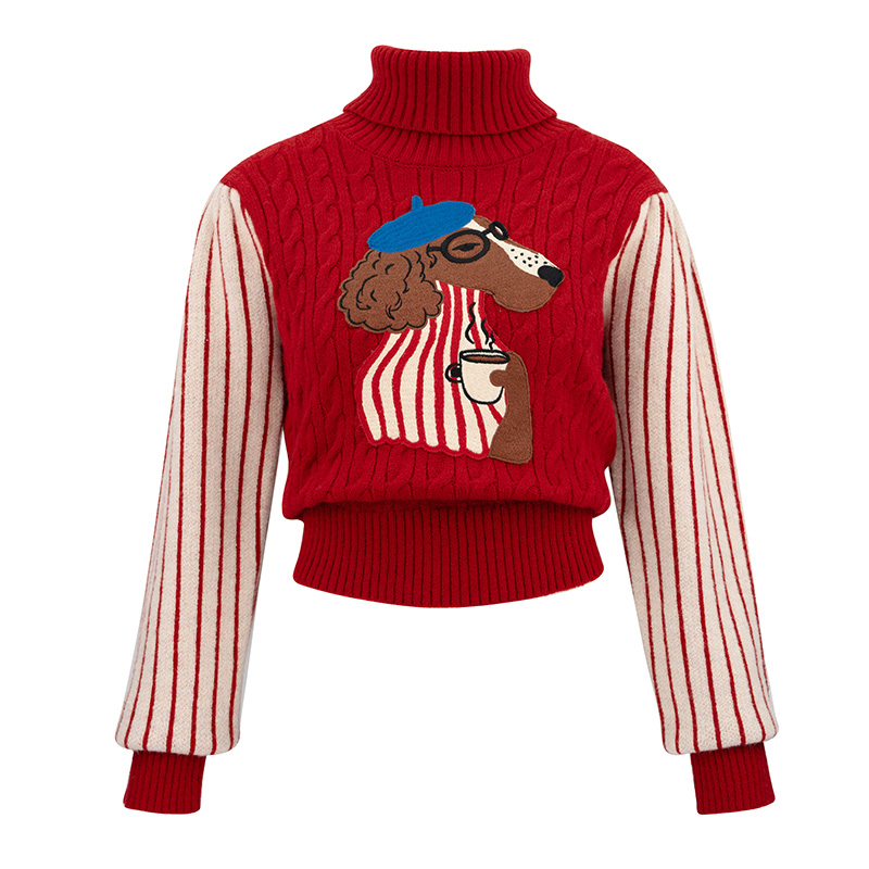 JUNGLE ME复古条纹红色高领毛衣显白长袖套头百搭时尚秋冬时髦