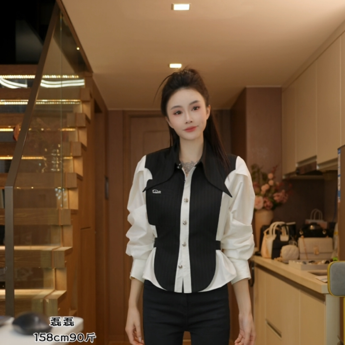 磊磊【极简腔调】学院风撞色拼接收腰长袖女士衬衫#88201