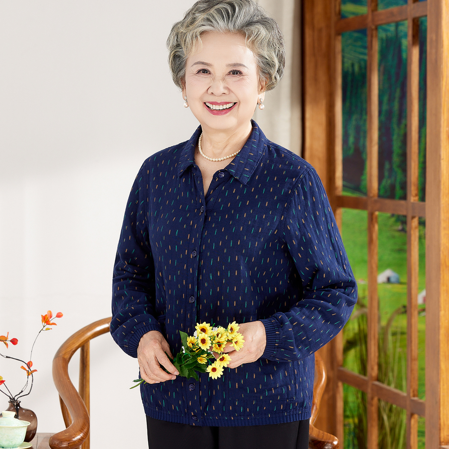 中老年人秋季女装纯棉长袖衬衫奶奶宽松老太太春秋上衣服2024新款