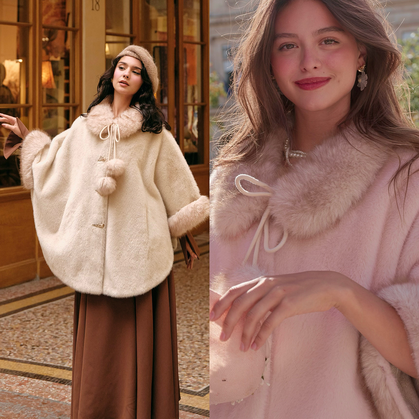 LaceMade 雪国千金 法式复古优雅气质短毛环保皮高领斗篷外套冬