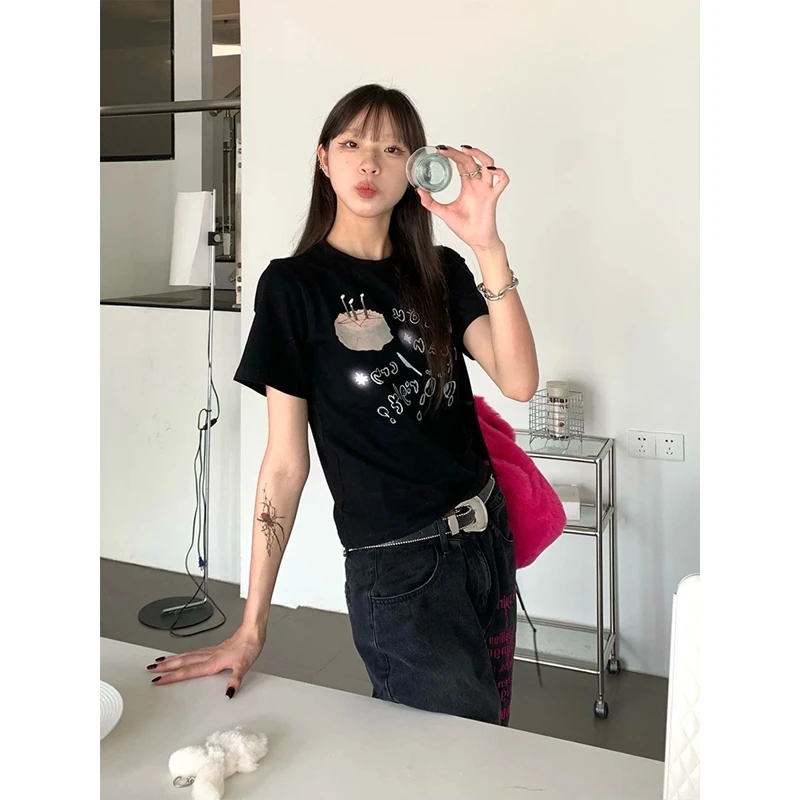 辣妹印花卡通动漫学院风夏季短袖百搭显瘦T恤创新奶油风短款K07