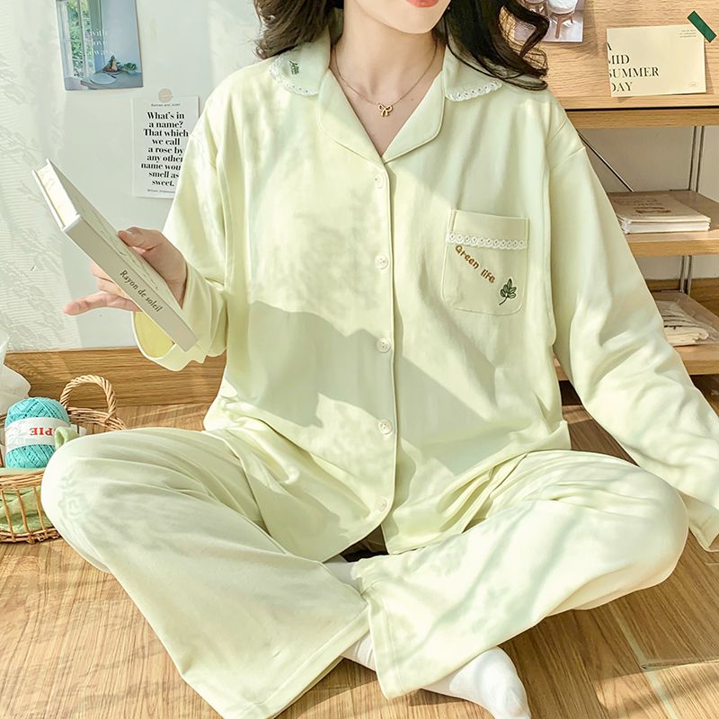 春夏季带胸垫【10A抗菌纯棉】长袖大码睡衣产后哺乳透气月子服套装