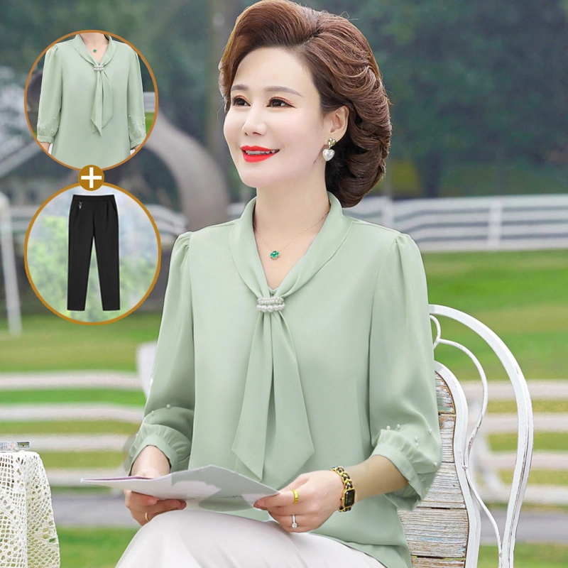 妈妈春装新款上衣洋气短袖t恤中年女装中袖小衫中年夏季套装2320