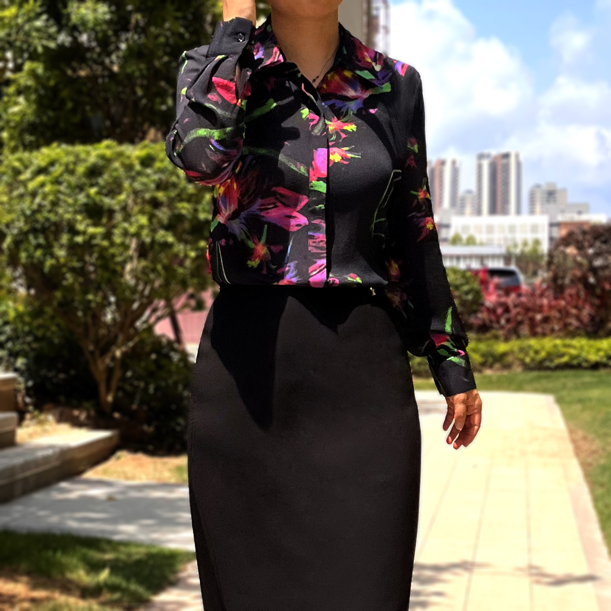 鬼邹桑蚕丝印花衬衫显瘦长袖黑色百搭