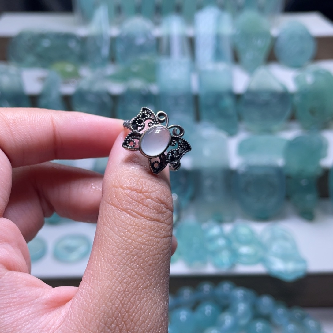 蛇纹石玉戒指银S925镶嵌