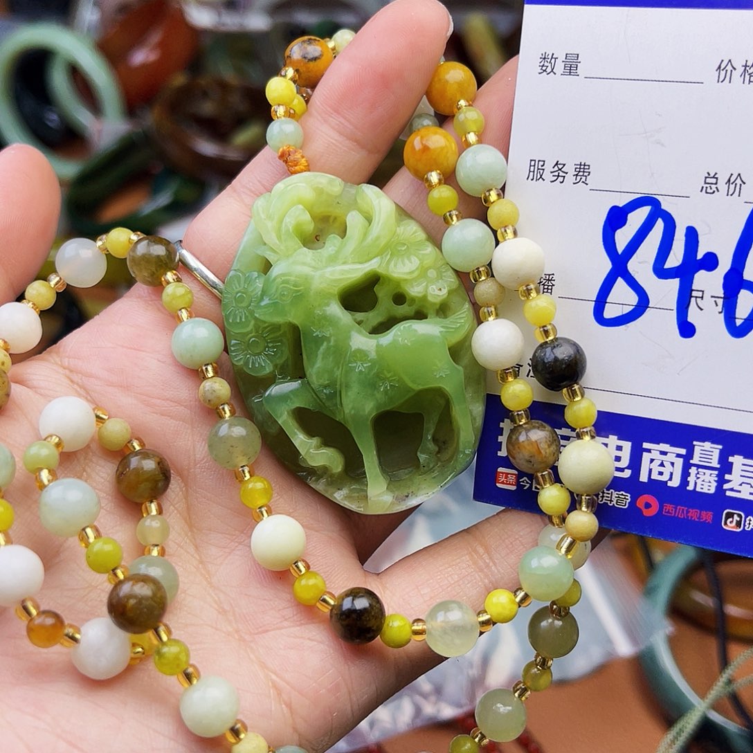 蛇纹石玉颈饰银S925镶嵌