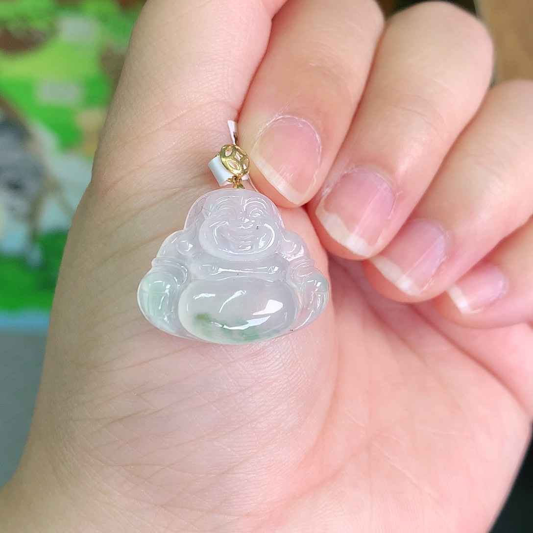 翡翠颈饰18K金镶嵌冰胶飘绿佛公19*23*3.9