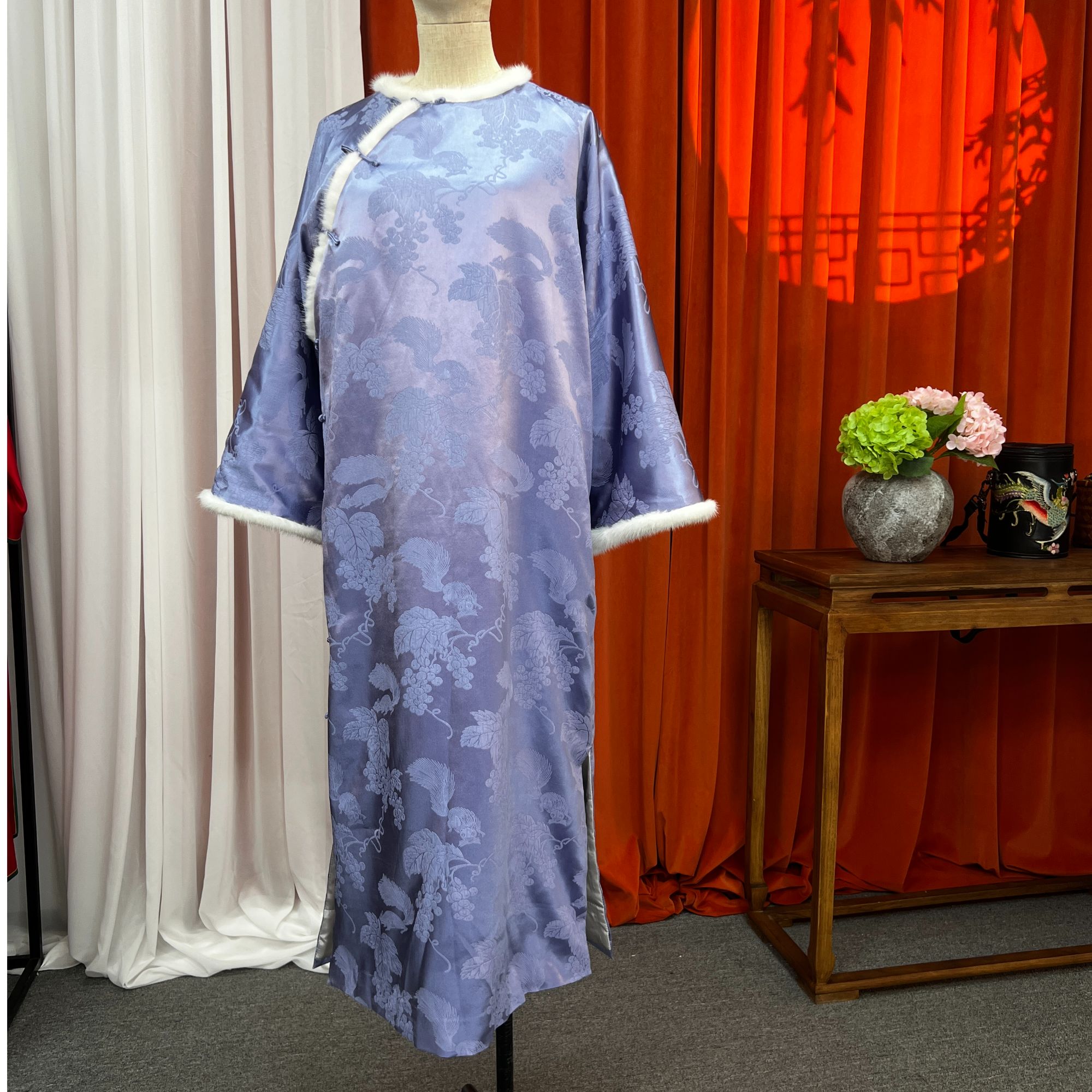 【冬款长袍】国风新中式桑蚕丝加厚长袍冬季长袖长裙提花连衣裙