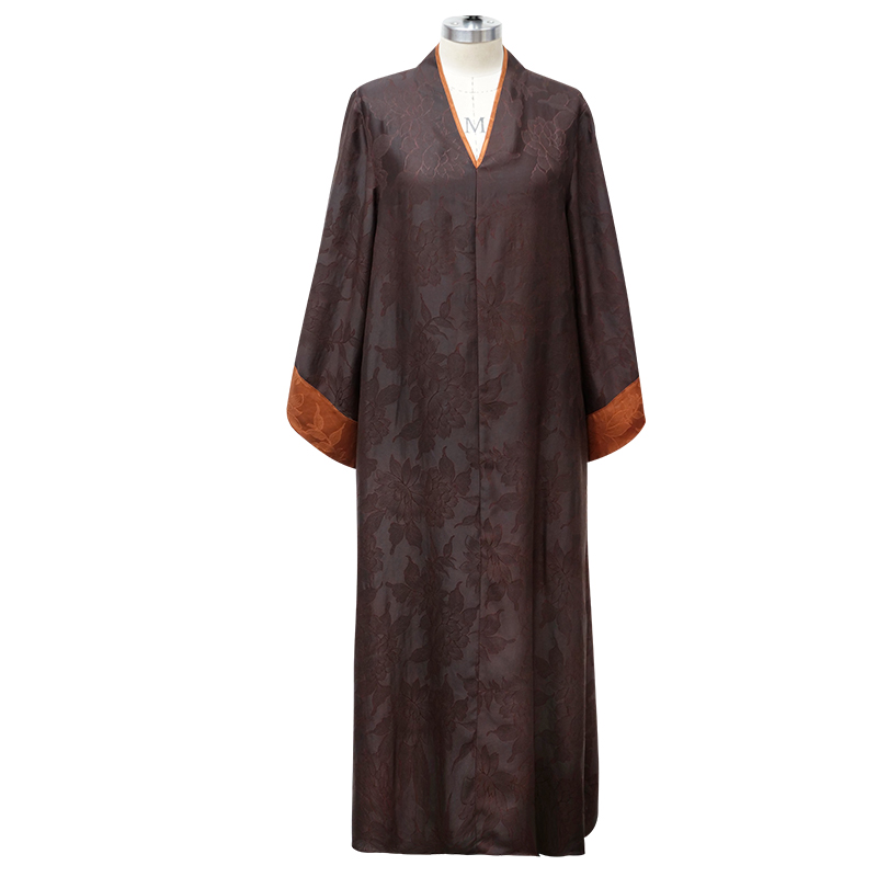 娑尔香云纱咖色V领长袖连衣裙SJ2LC03630