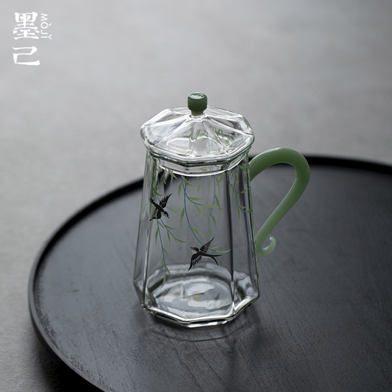墨己瑞璃柳燕玻璃绿茶水杯透明高硼硅花茶杯手把高颜值喝水杯子