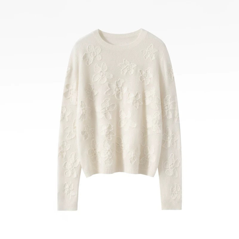 100%纯山羊绒衫女简约圆领刺绣针织上衣宽松保暖套头毛衣针织衫