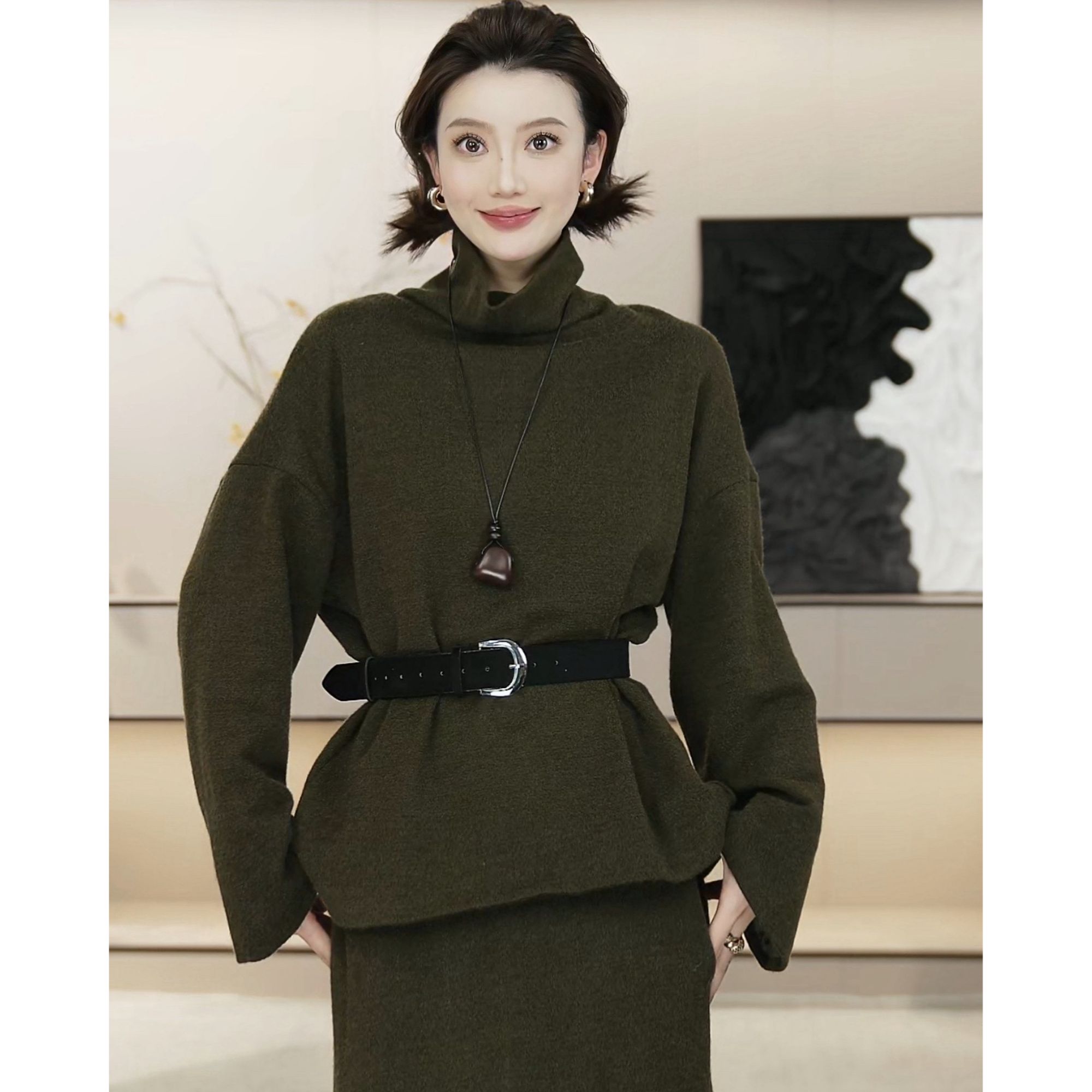 【京京】2025冬新高领肌理套法式复古垂坠时尚套装HBZWW918490