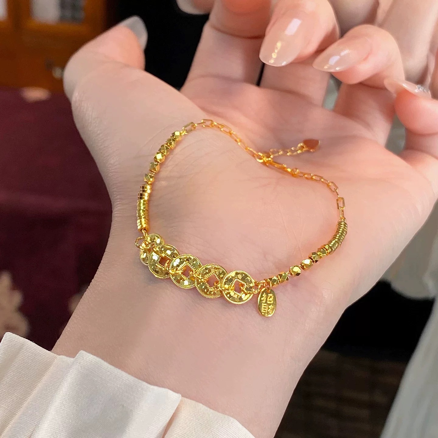 铜合金手链 碎冰冰五帝钱纳福手链轻奢小众精致高颜值新中式国风