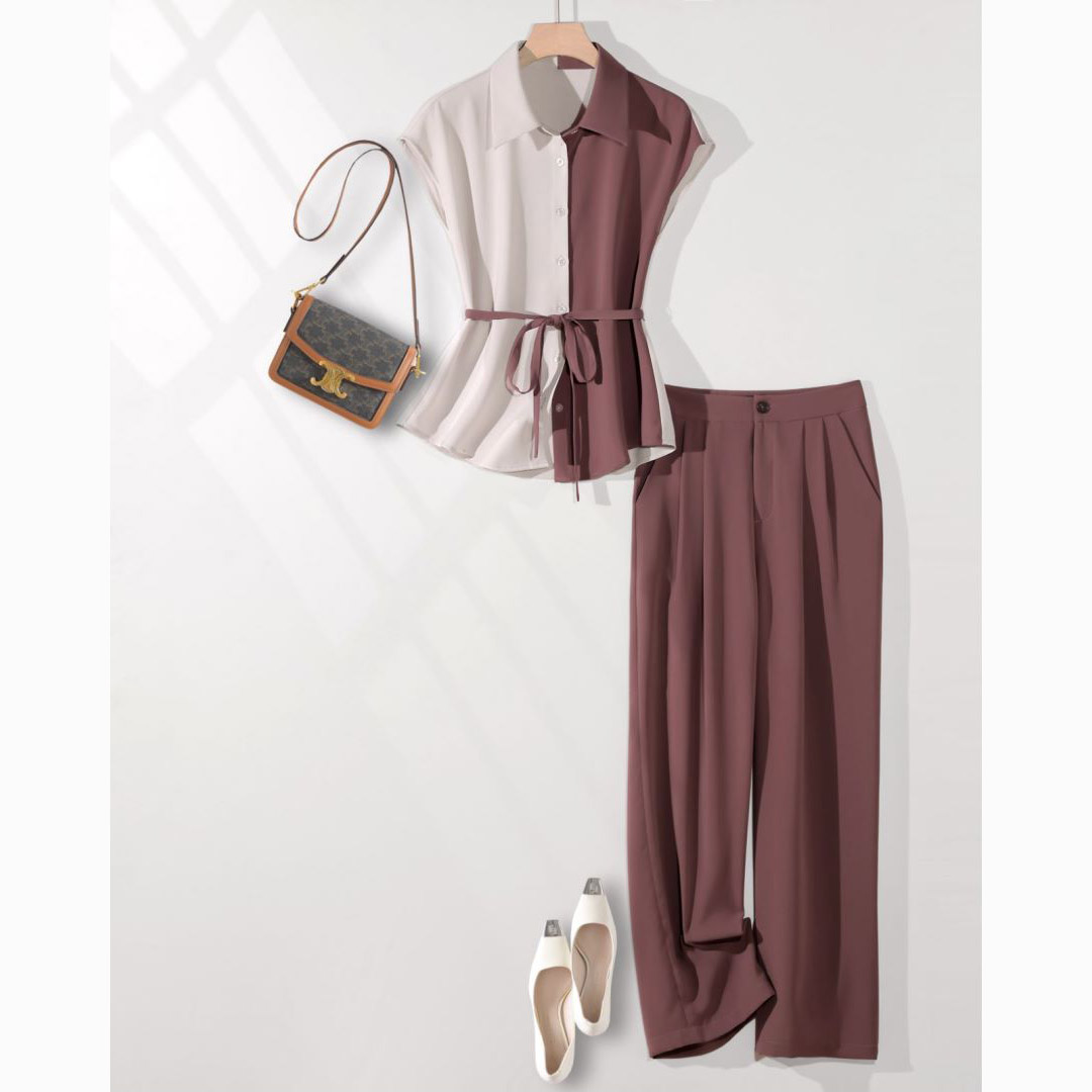 【7113套装】夏新款知性拼色知性收腰衬衫直筒休闲长裤两件套装