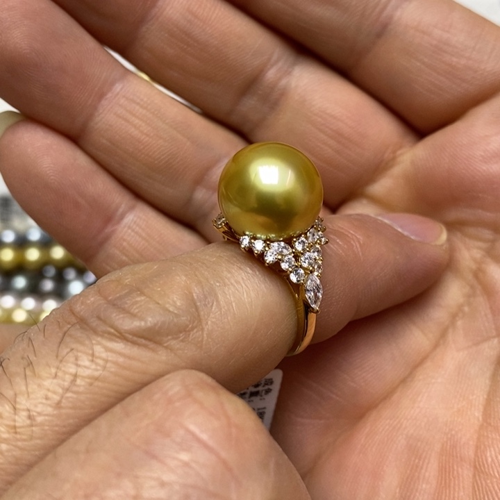海水珍珠浓茶金珍珠戒指18K金镶嵌