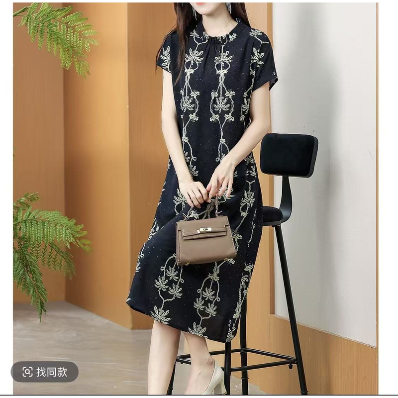 黑金藤蔓 夏季时尚轻奢亲肤透气中长款连衣裙