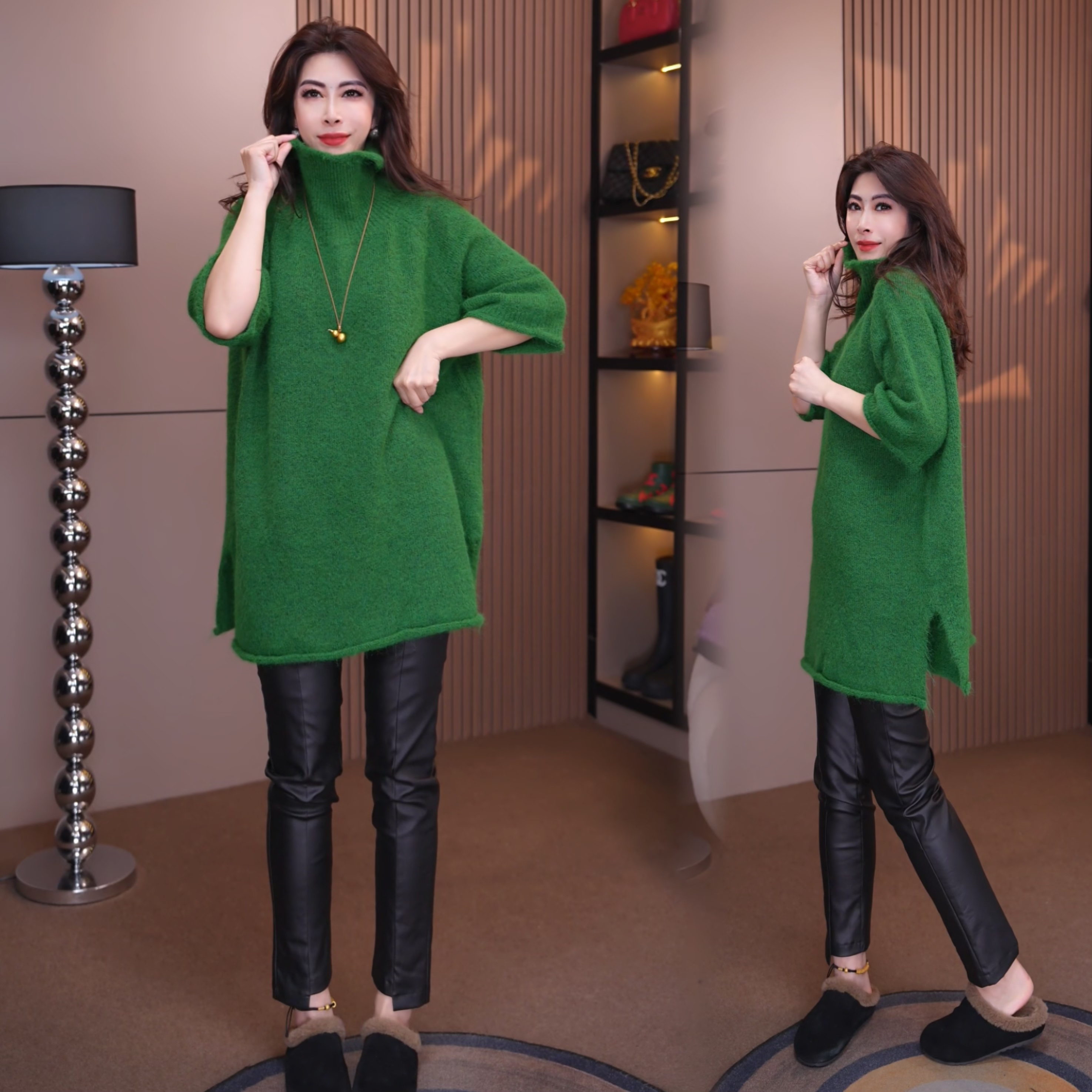 61619#《榜衣》韩版秋冬新款时尚高龄半袖休闲纯色高领宽松针织毛衣