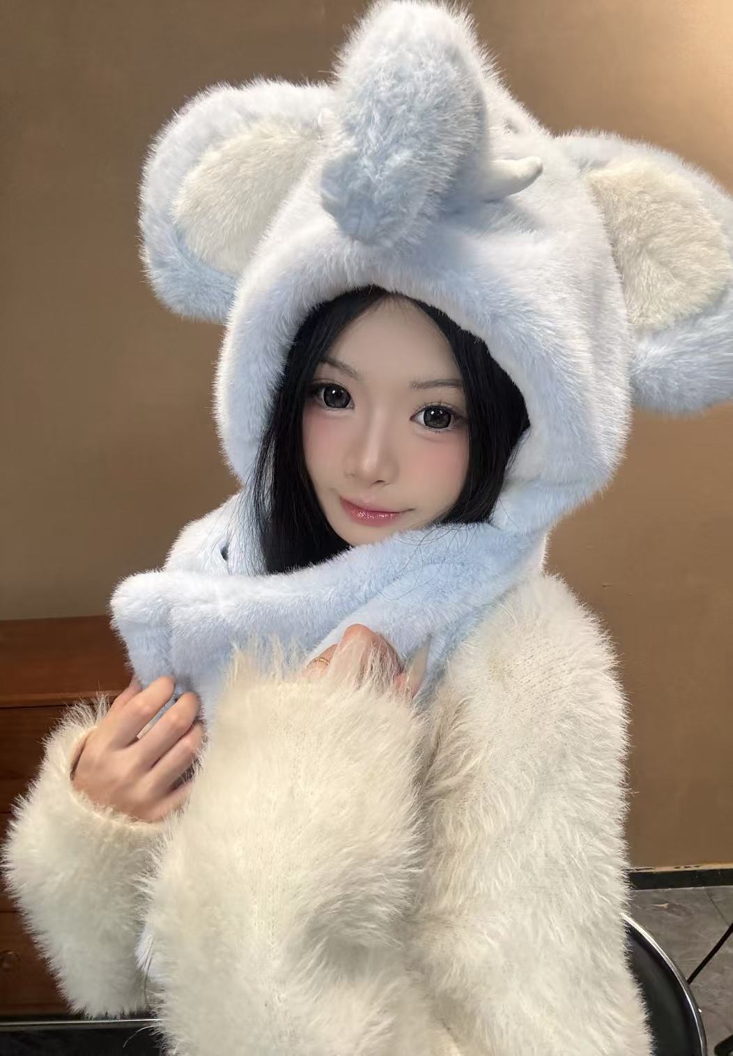 萌趣小象造型连帽围巾一体套装秋冬少女心保暖护耳防风可爱毛绒帽