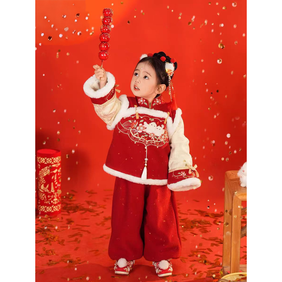 现货【报喜】GF054女童冬季加绒加厚上衣裤子套装中国风拜年服