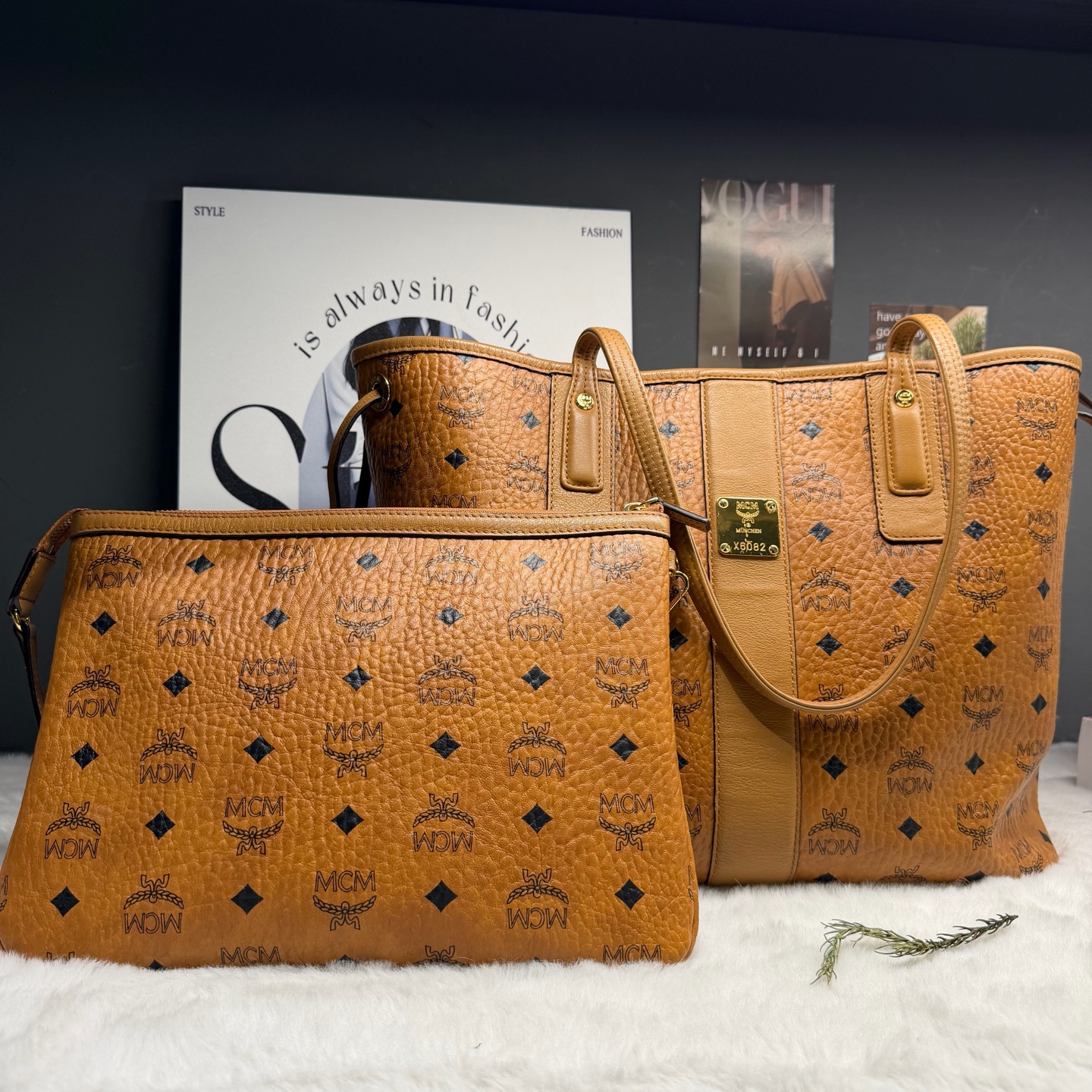 99新 MCM 老花满印双面子母托特包斜挎单肩包 80966