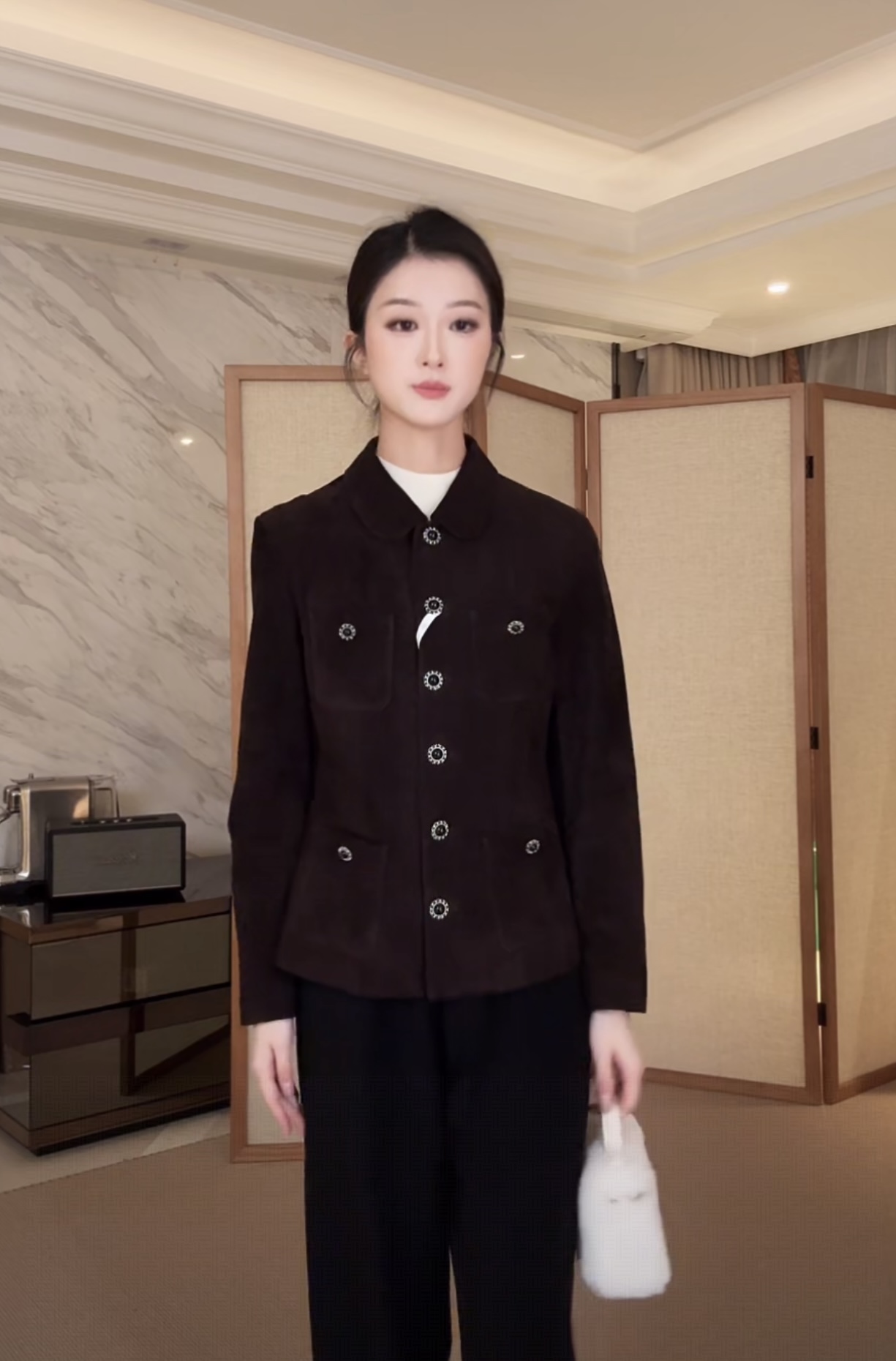 麂皮绒复古四口袋夹克外套鹅绒