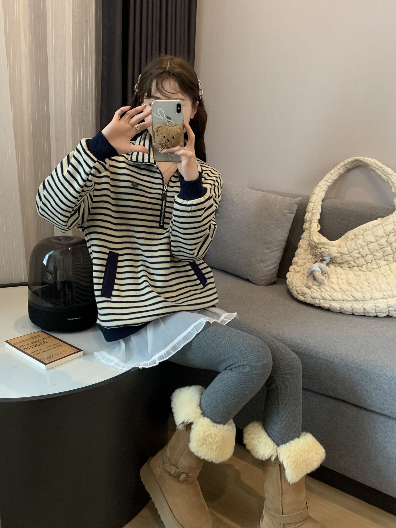 D8109-春秋显瘦长袖时尚连帽宽松韩版秋季条纹立领针织休闲卫衣