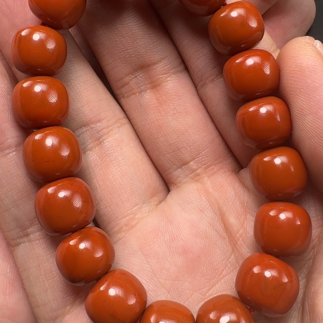 南红玛瑙未镶嵌柿子红老型手串11mm,纹重