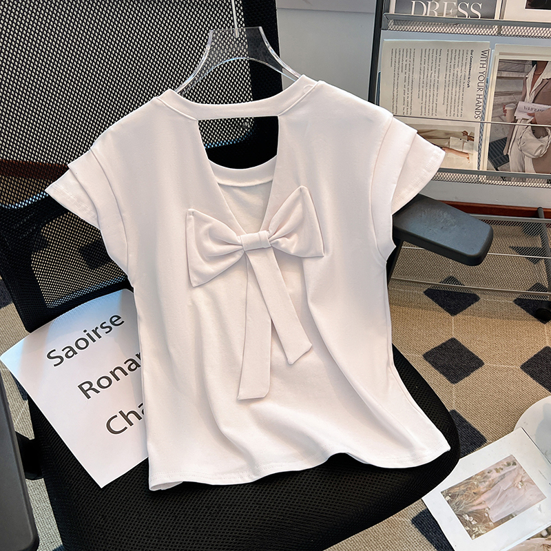 高级感白色短袖t恤女2025夏季新款设计感小众后背镂空蝴蝶结上衣
