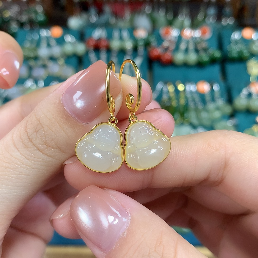 和田玉银S925镶嵌耳饰白玉佛