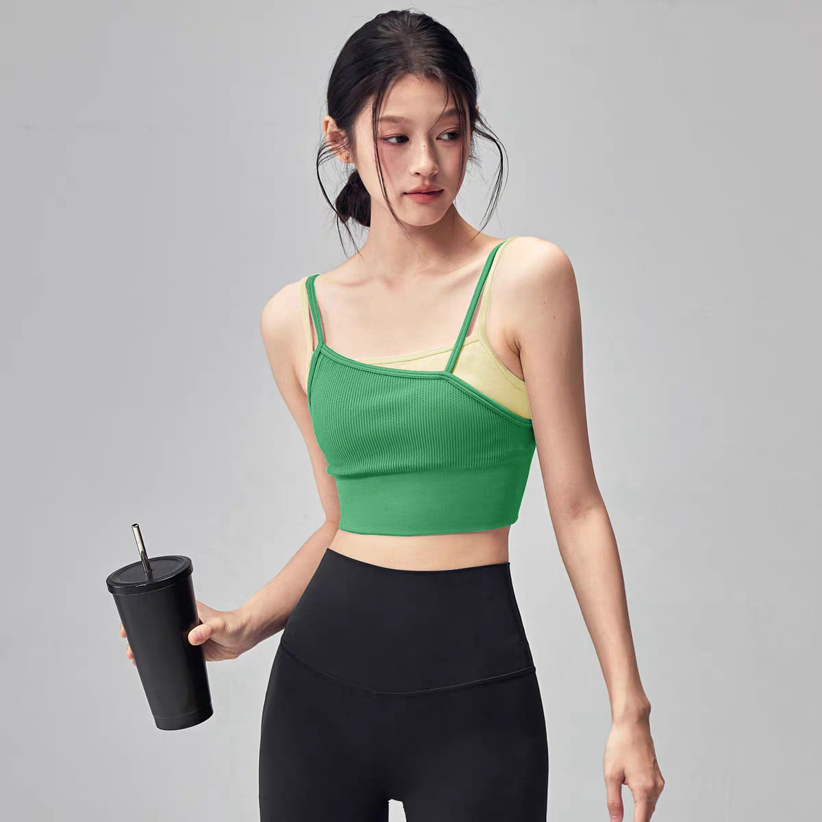 撞色假两件可外穿时尚瑜伽美背固定杯防震运动内衣带胸垫健身背心