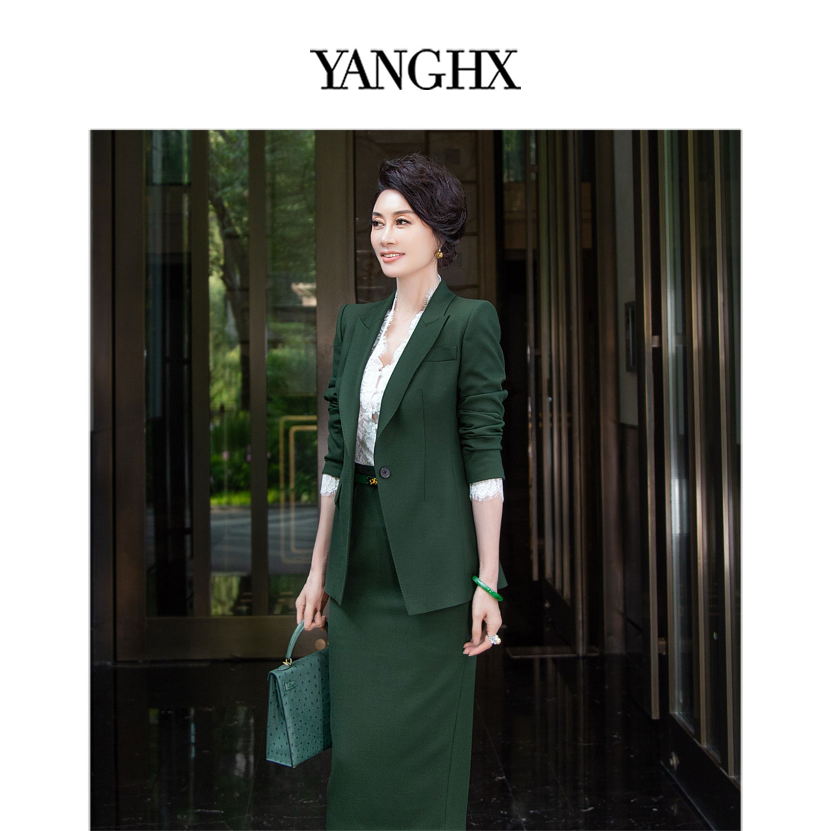 EDFNOT/杨红霞汝意「凝纤驳衣」墨绿色羊毛混纺修身西服HY（40）