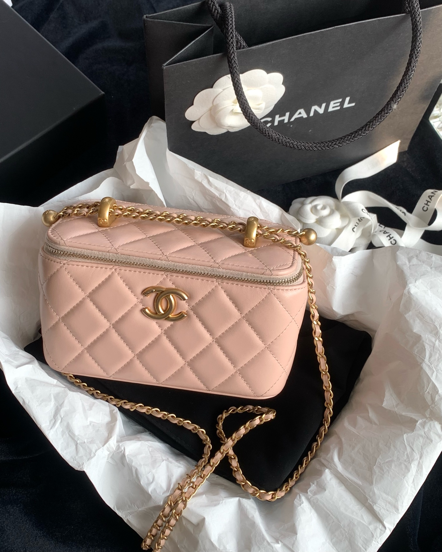 95新 Chanel/香奈儿 粉色双金珠长盒子包 18280434