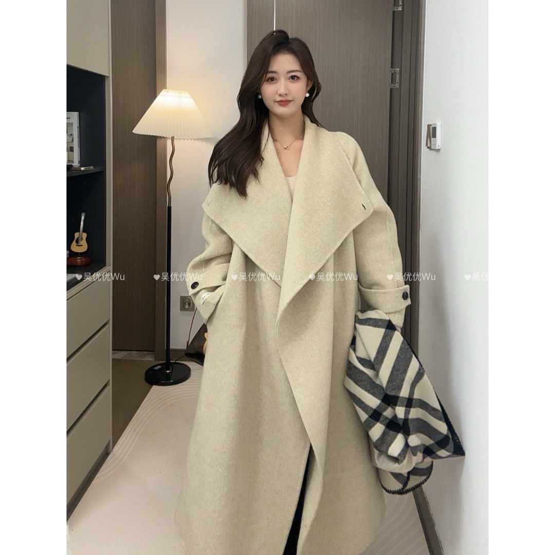 【】宽松显瘦气质大翻领秋冬长款百搭双面羊毛大衣25003