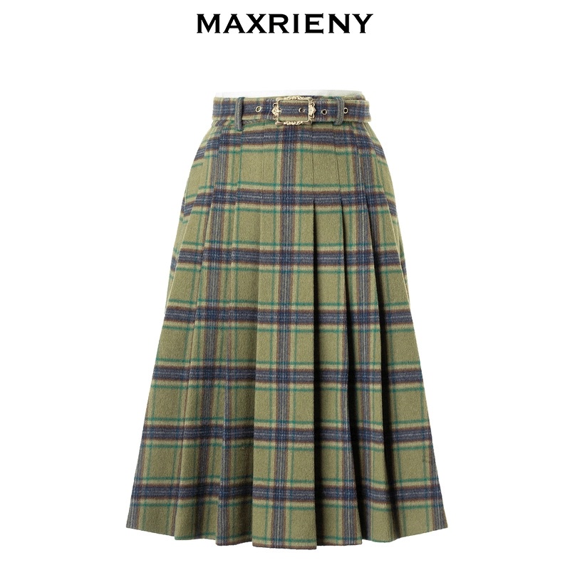 MAXRIENY复古学院风A摆中长格纹百褶半裙冬显瘦款MC88SK804Z50