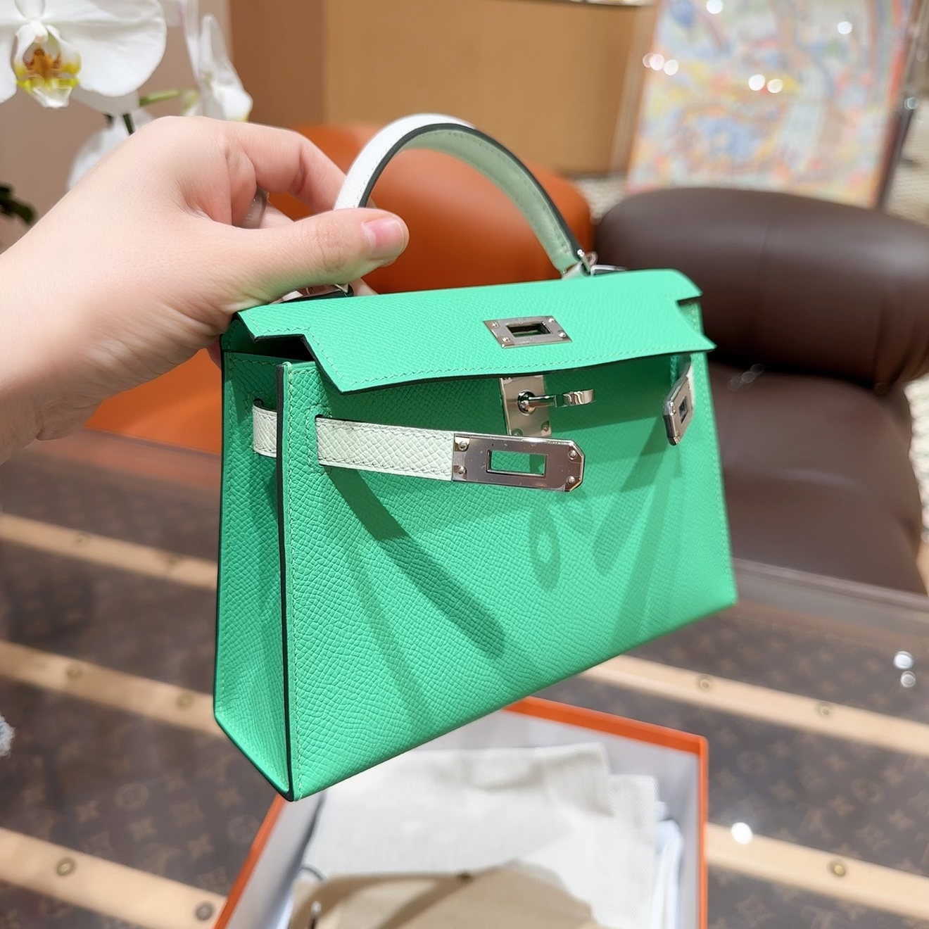 全新未使用 Hermes/爱马仕 Minikelly二代漫画绿三拼色银扣E皮W刻