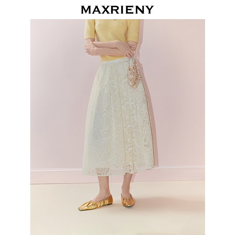 MAXRIENY2025秋季新品米白色法式优雅感镂空绣花伞摆高腰复古半裙