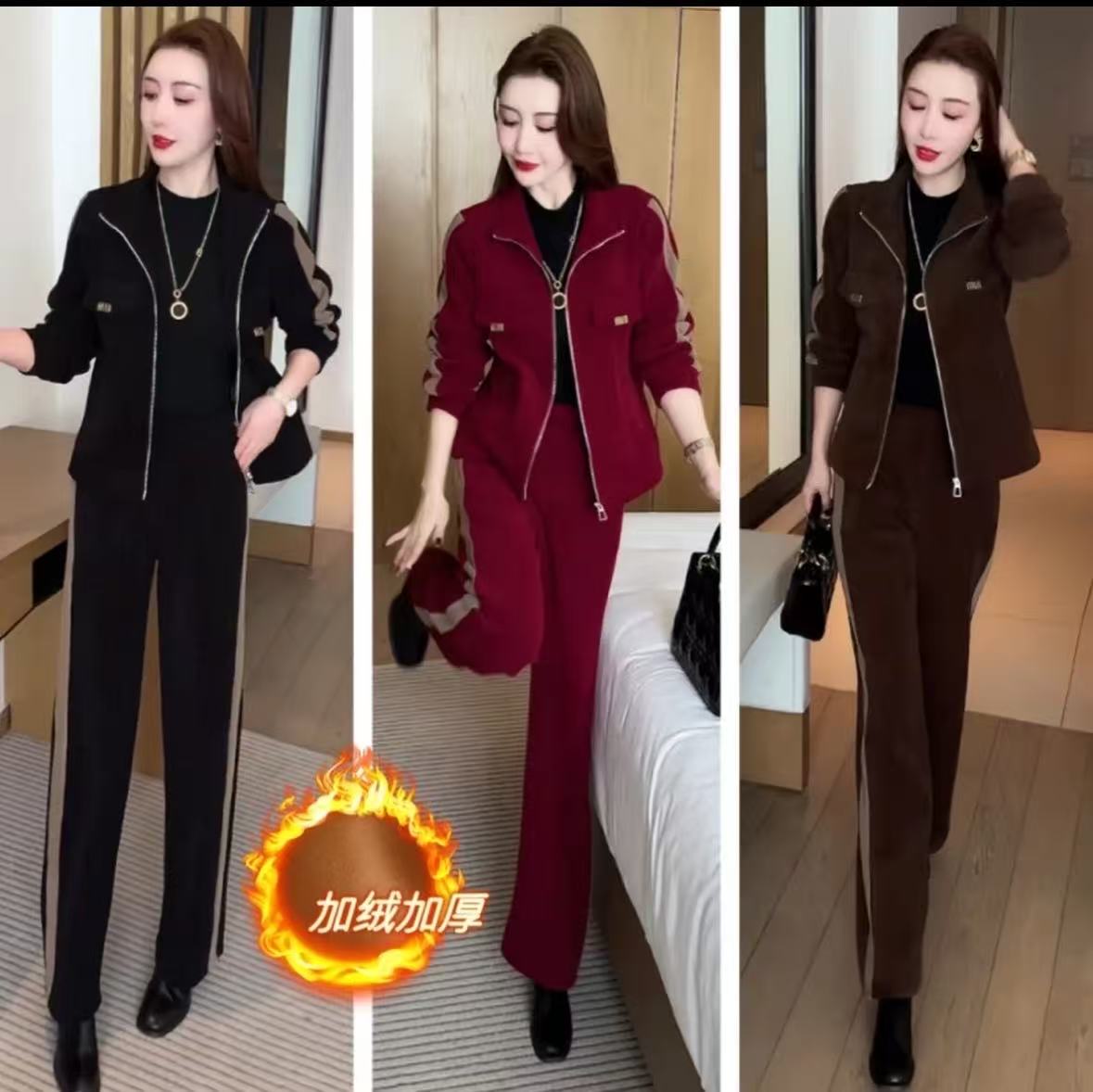 【运费补贴】2025年女士新款时尚气质加绒加厚休闲减龄大码套装985