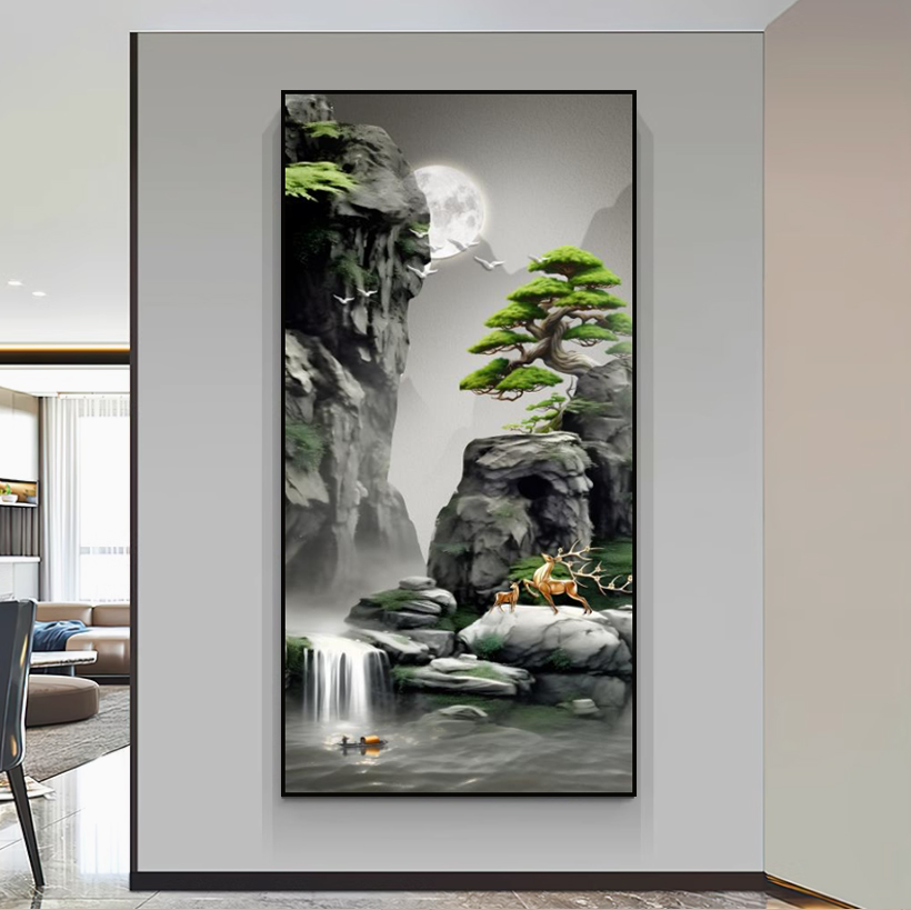 装饰画玄关新中式流水生财挂画现代简约山水画墙上走廊壁画镶钻画