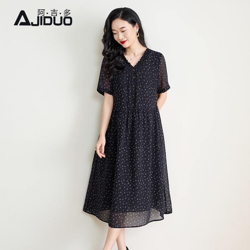 阿吉多复古气质碎花连衣裙女夏季新款长裙中老年妈妈出游漂亮裙子
