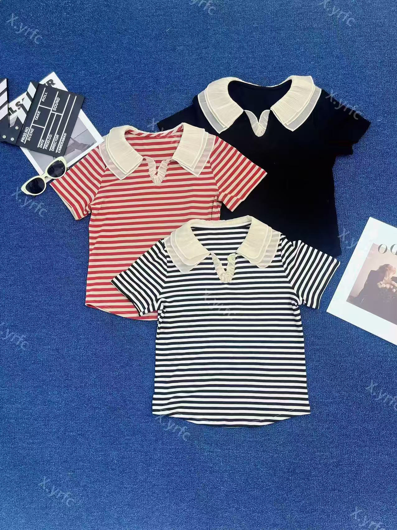 透气蕾丝韩版T恤撞色娃娃领百搭休闲短袖洋气镂空950