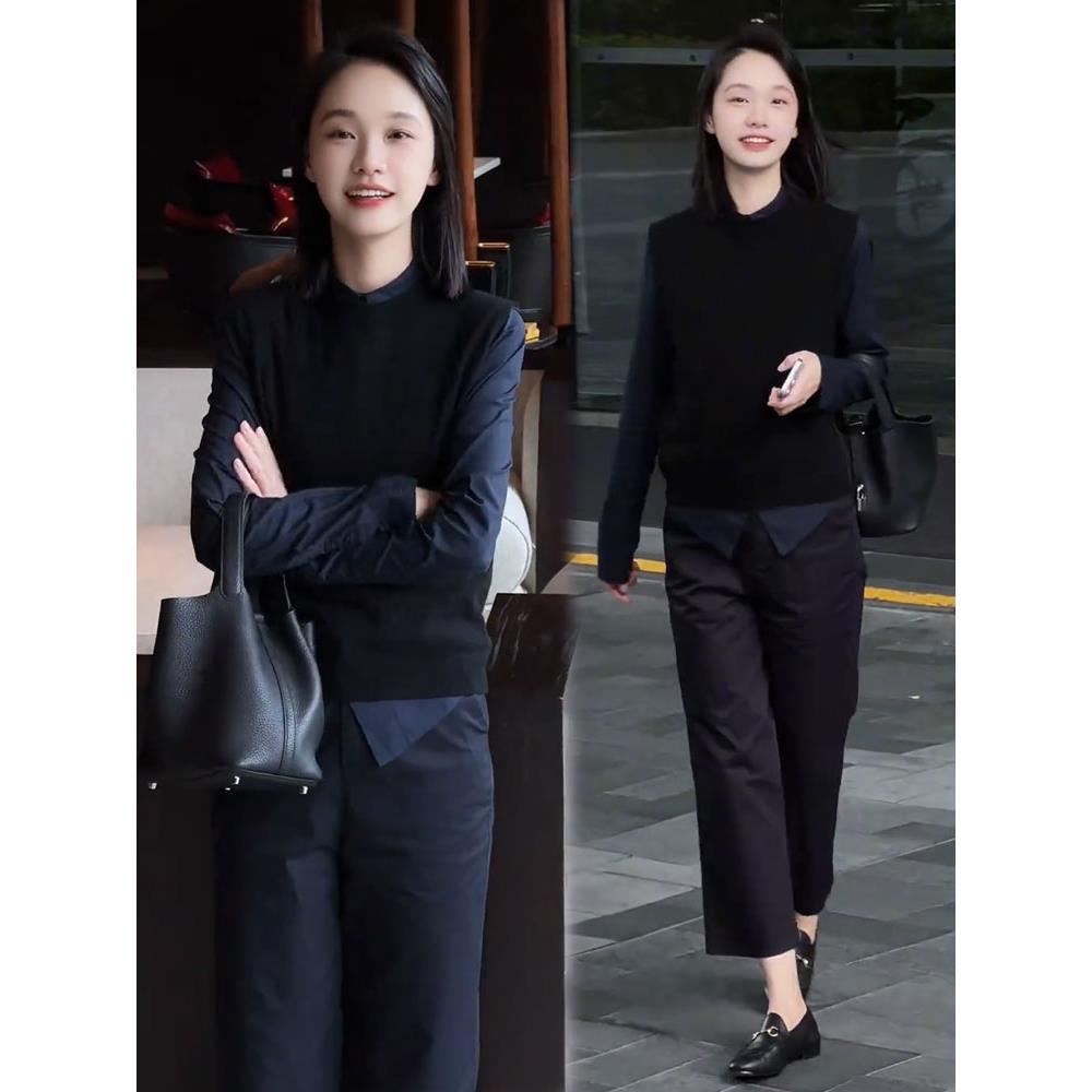 时尚套装女2025秋季新款时髦洋气长袖衬衫马甲直筒阔腿裤三件套潮