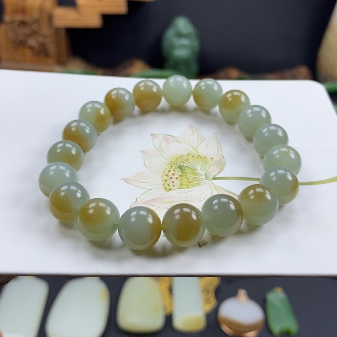 和田玉手串未镶嵌切末蓝一口糖卡10手串