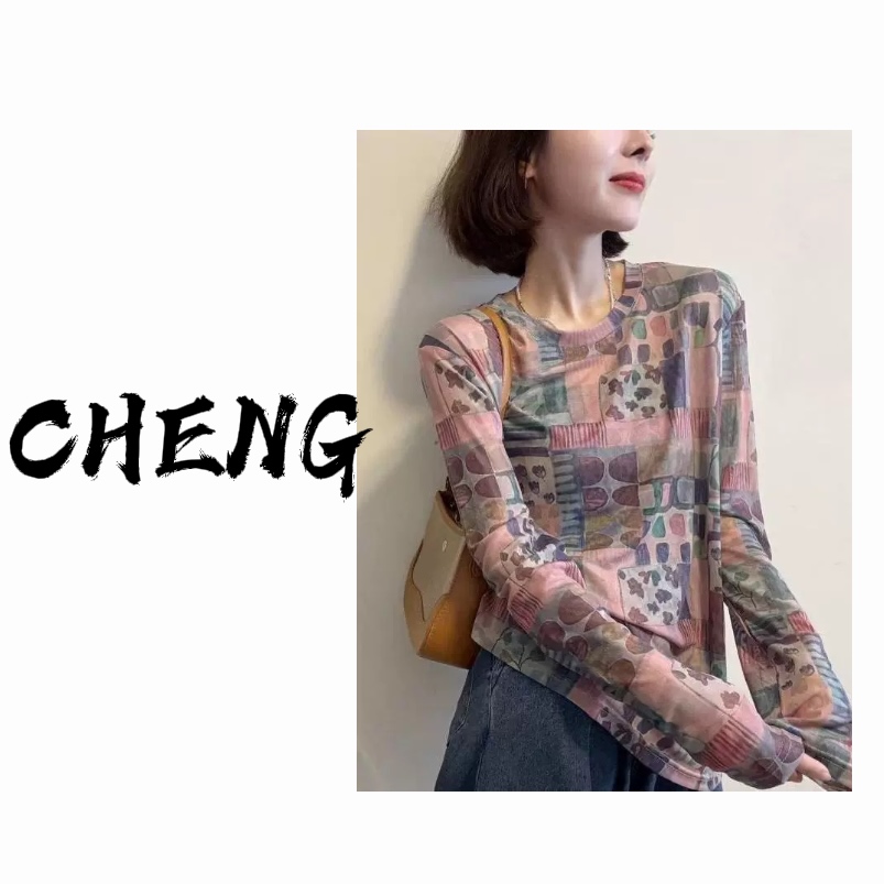 【CB-J】蝴蝶印花网纱T恤打底衫长袖圆领薄款常规款时尚