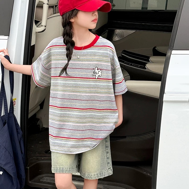 【断码清货】2025夏线条小狗撞色条纹短袖T恤(95%棉) D361 361 M