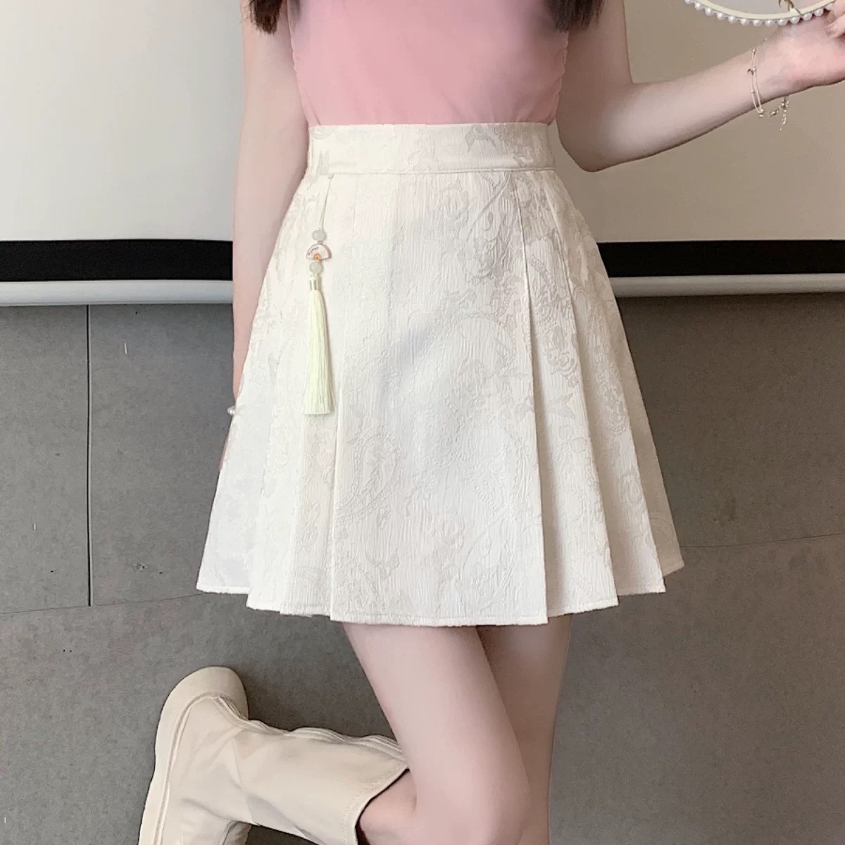 新中式国风刺绣提花百褶裙半身裙短裙